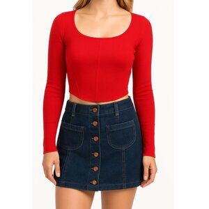 NWT House Of Harlow 1960 | Corset Cropped Red Knit Sweater Square Neck | Size XS